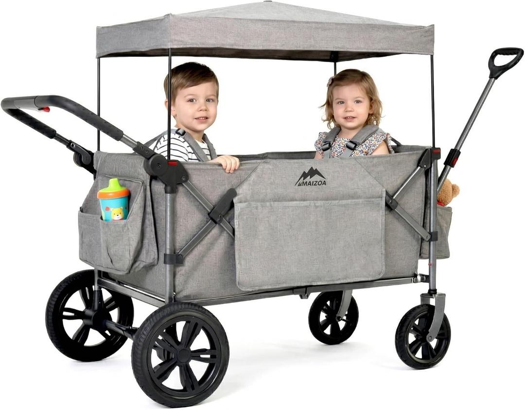 Foldable Wagon Stroller, Stroller Wagon for 2 Kids with 5-Point Harnesses,Adjustable Push/Pull Handle, Removable Sun Canopy, Suitable for Family Travel, Two Children Ride, Large Storage,Gift (Silver)