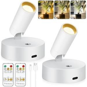 2 Pack Wireless LED Spot Lights Indoor Battery Operated with Remote, Rechargeable Up Lights Indoor with Timer＆Dimmable, 3CCT Picture Lights for Wall, SpotLights Accent Uplighting for Plant -White
