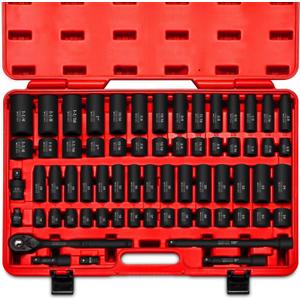 NEIKO 02448A 1/2" Drive Master Impact Socket Set, 65 Piece, Standard SAE (3/8"-1-1/4") & Metric (10-24 mm) Sizes, Deep & Shallow Kit, Includes Adapters & Ratchet Handle