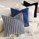 decorUhome Cozy Faux Fur Throw Pillow Covers 26x26 Set of 2 Decorative Soft Plush Striped Modern Farmhouse Boho Couch Euro Sham Pillow Cases with Velvet Back for Sofa Bed Living Room, Blue