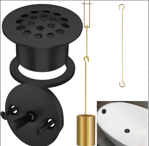 Tub Drain Linkage Assembly with Trip Lever and Strainer Done Cover, Universal Overflow Faceplate Trim Kit with Screws, Fit for Bathtub Trip Lever Waste and Overflow Drain Kit, Matte Black