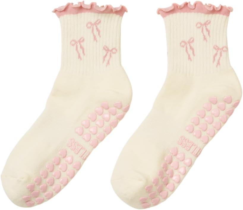 Shapes Studio Half Calf Grip Socks, Cute Fruit Pilates Socks, Ruffle Socks, Non-Slip for Barre Yoga (US, Numeric, 5, 10, Regular, Regular, Soft Pink Bow, Effortless Club)