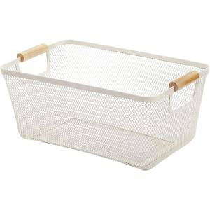 Metal Mesh Steel Basket, Large Wire Storage Organizer Basket Multi-function Hanging Kitchen Baskets with Wood Handle for Kitchen Bathroom Picnic Home, Rectangle-Off White