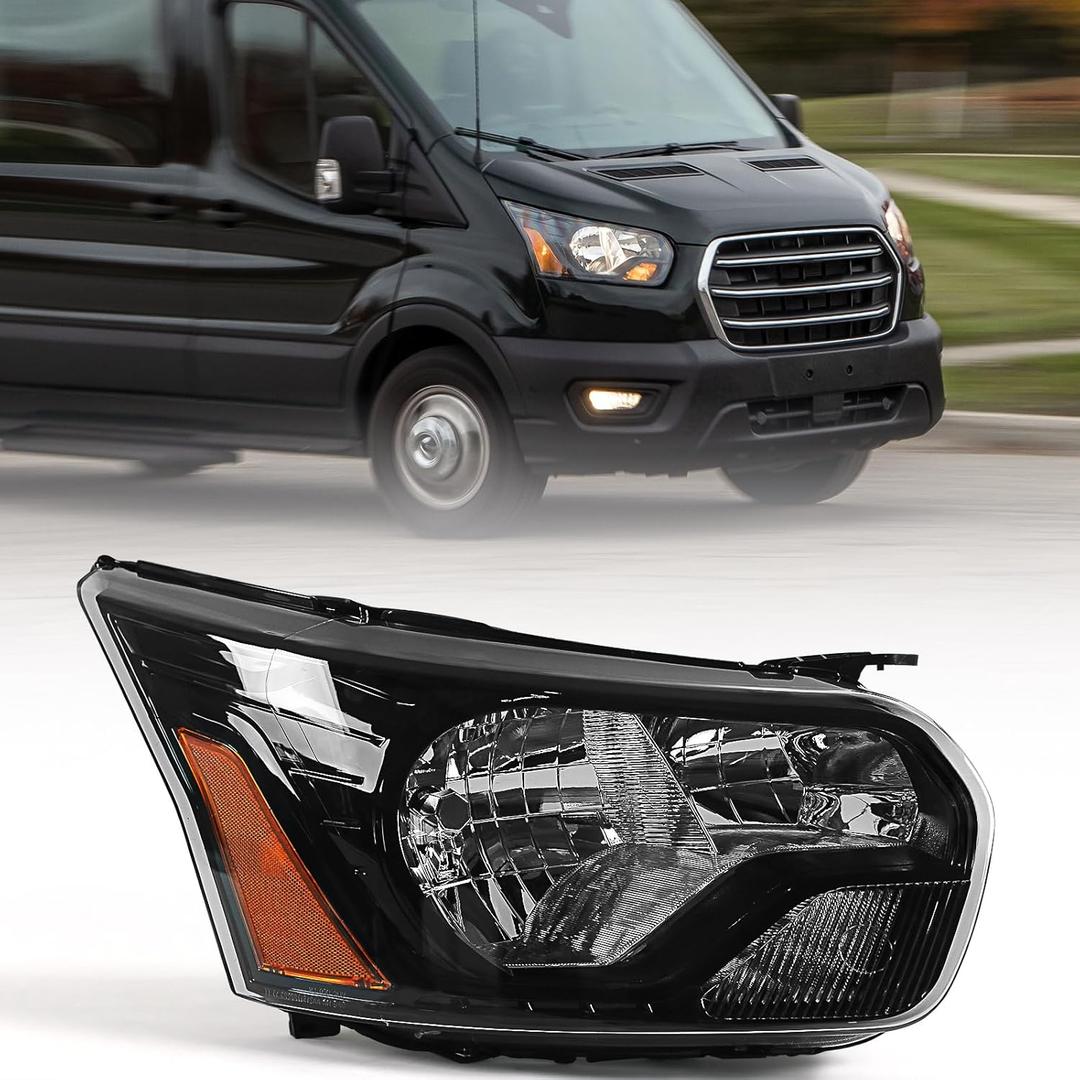 FIONE headlight assembly compatible with Ford Transit 150 250 350 2015-2020 Head Lamp Black Housing Right Passenger Side RH