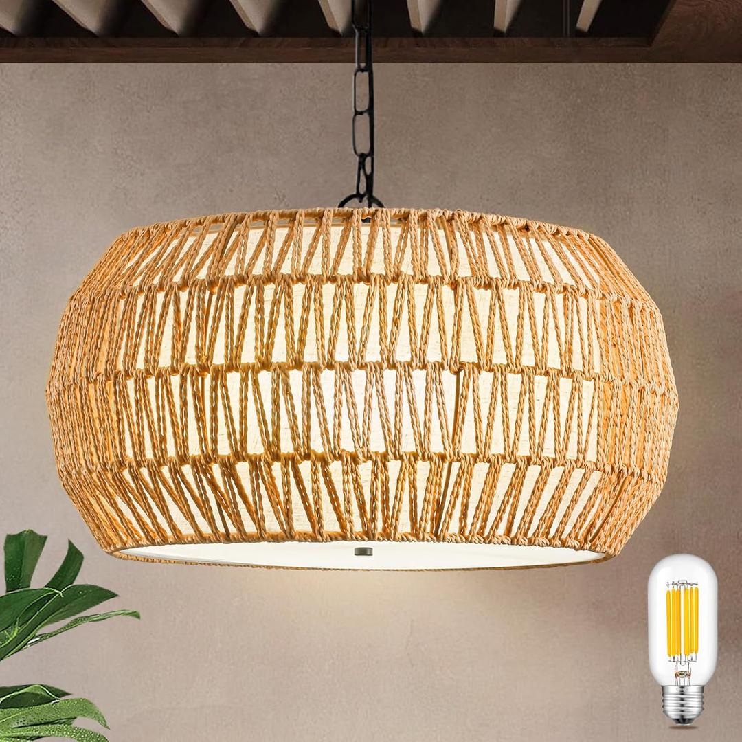 Rattan Farmhouse Chandelier for Dining Room, 19.7 Inch 5-Lights(Bulbs Included) Boho Chandelier for Bedroom Living Room Foyer Entryway, Rustic Dining Room Light Fixtures Over Table (Round-Curved Edge)