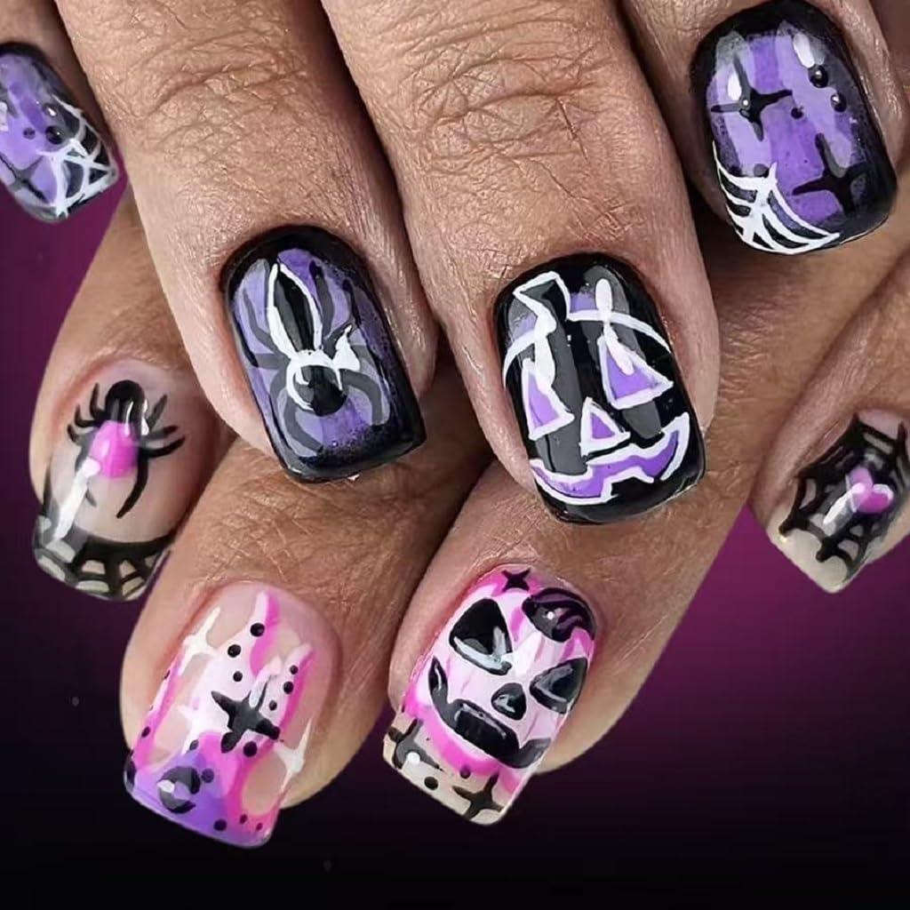 5 x Halloween Press on Nails Short Square Fake Nails with Spider Web Scary Pumpkin Face Glue on Nails Spider Glossy Acrylic Artificial Nails Full Cover Stick on Nails for Women 24 Pcs, (Mix Nails)