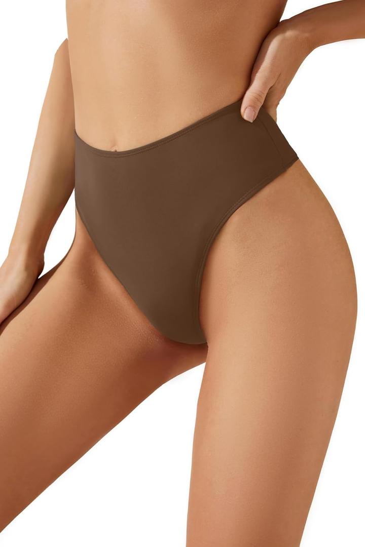 Zmart Women High Waist Thong Bikini Bottoms High Cut Swimsuit Bathing Suit Cheeky Brazilian Swimwear Bottom (Medium, Brown)