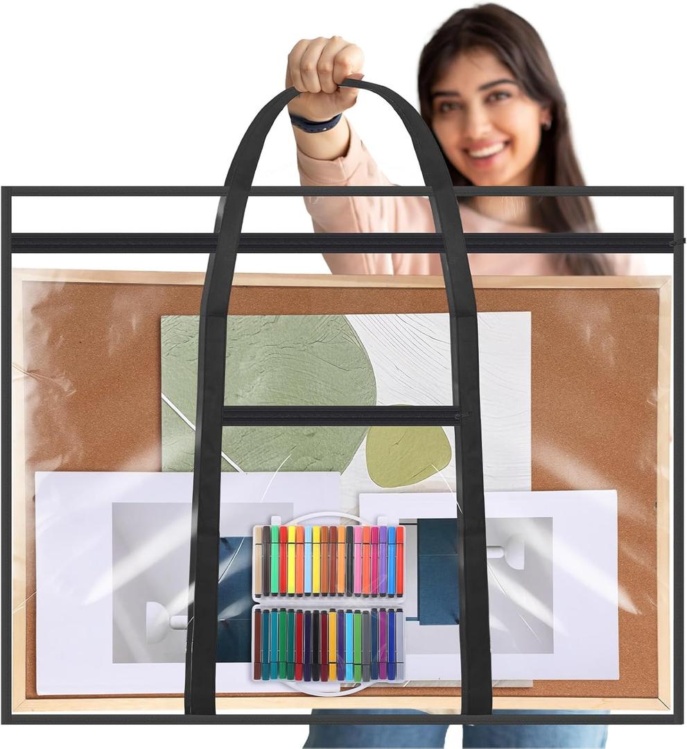 Large Art Portfolio Case 48" x 36" Poster Storage Bag Bulletin Board Holder Container PVC Folder with Zipper Handles Pocket for Teachers Artist Artwork Organization(Black,Clear)
