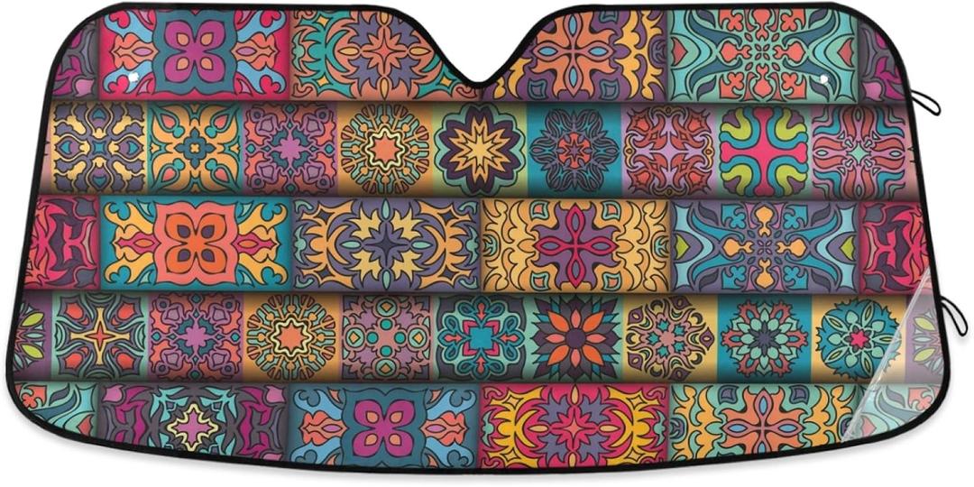Boho Ethnic Car Windshield Sun Shade Bohemian Stripes Colorful Mandala Flower Foldable UV Ray Sun Visor Protector Sunshade to Keep Your Vehicle Cool (55" x 27.6")