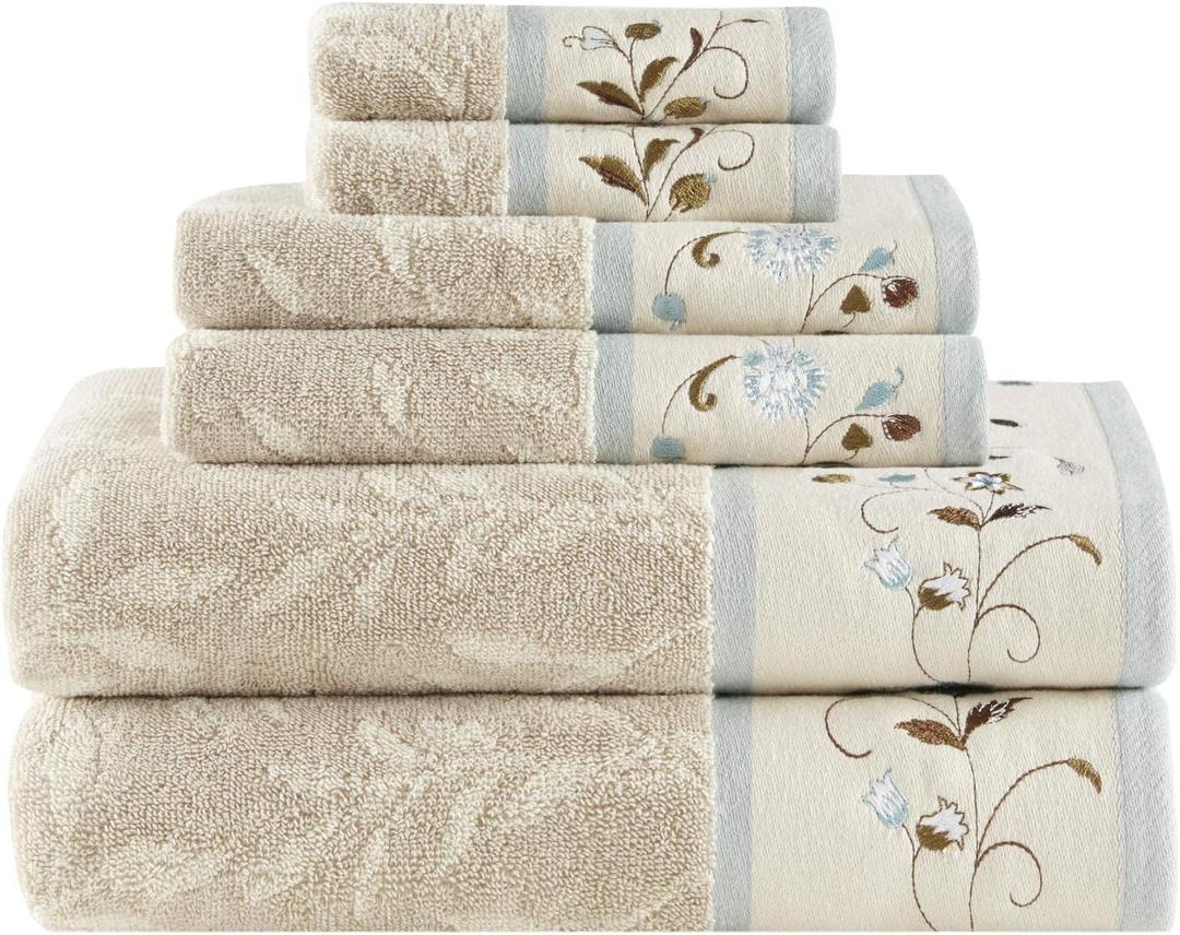 Madison Park Serene 100% Cotton Bath Towel Set Luxurious Floral Decorative Towels for Bathroom Embroidered Cotton Jacquard Design Soft Highly Absorbent for Shower 600 GSM, Multi-Sizes, Blue 6 Piece (Cream, Blue)