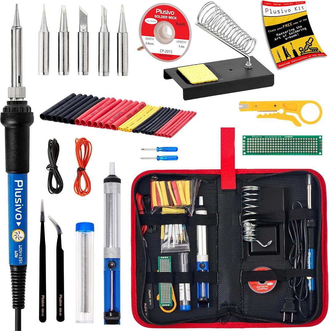 Soldering Iron Kit, 60W Soldering Iron, 5 Soldering Iron Tips, 21-in-1 Adjustable Temperature, Solder Wire, Stand, Desoldering Pump, Soldering Welding Iron Kit for Electronics Hobby DIY 110V US Plug (Black and Red)