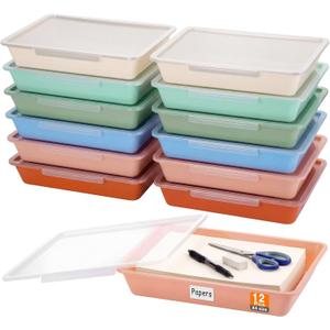 12 Pcs Classroom Paper Storage Bins with Clear Latching Lid, Label Stackable Letter Size Flat Tray Container for Teacher Back to School Supplies Home Office Desk Arts Crafts (Boho,13x10in)