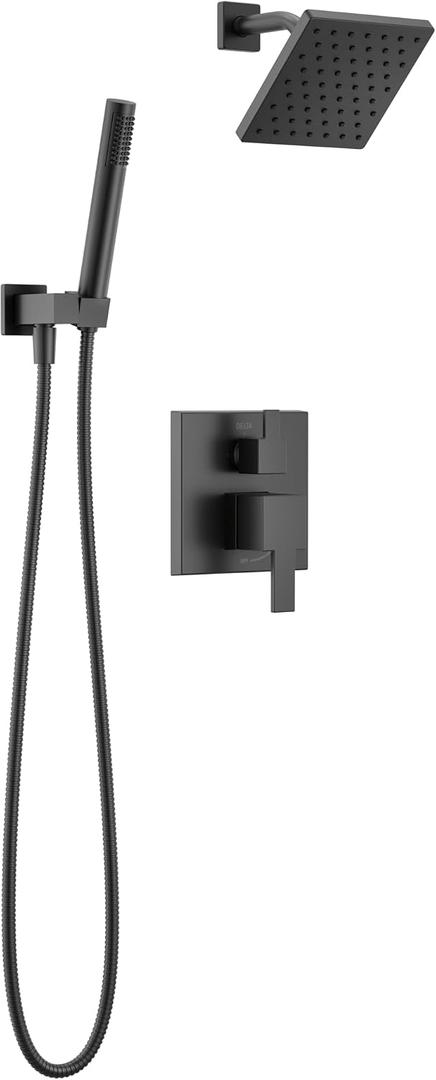 Delta Modern Square Shower System Faucet Set, Matte Black 6.5-inch Shower Head and Handle Set, Valve Trim Kit, Matte Black T342703-BL (Valve Not Included)