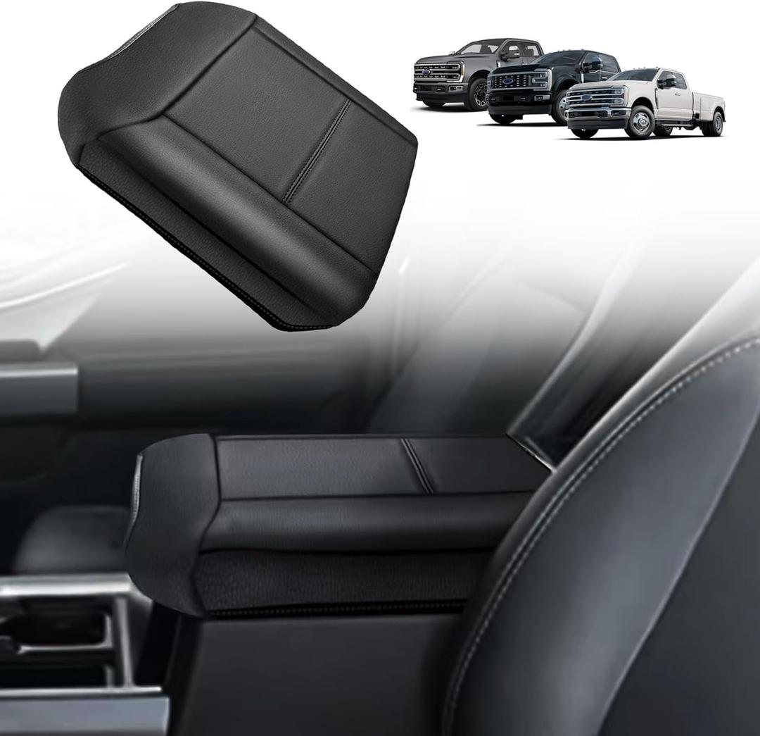 Muslogy Center Console Armrest Cover Fit for Ford F250 F350 F450 2023-2025 2026 Super Duty Accessories, Comfort Armrest Pad Console Lid Cushion Vegan Leather 1-Inch Extra Thick(BucketSeat ONLY)