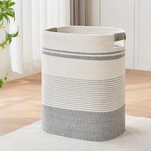 AINUOQI Laundry Basket with Handles - Blanket Basket & Hampers for Bedroom Aesthetic, Laundry Hamper & Blanket Storage for Living Room, Clothes Hamper, Tall, Large 17" x 14" x 22, Grey & White (85L)