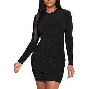 Mokoru Women's Sexy Basic Elegant Long Sleeve Ruched Bodycon Club Party Mini Dress (Medium, Black)