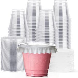 JOLLY CHEF 200 Sets 9 oz Clear Plastic Cups with Flat Lids, and Paper Lid Liners, 9 Ounce Plastic Cups with Flat Lids for Parfait, Snacks, Fruit, Pudding