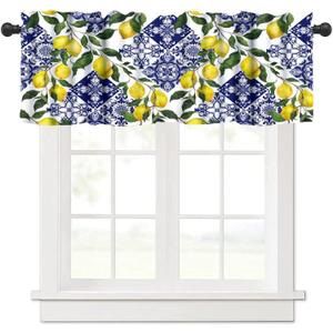 Blue Tiles Lemon Valance Curtain, Summer Fruit Chic Valance Window Treatments Short Curtains for Kitchen Farmhouse Living Room Bathroom 54x18inch
