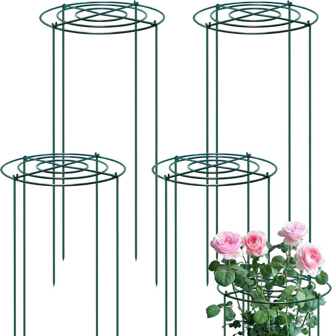 4 Sets Peony Support Cage,14"Diax32"High Heavy Duty Metal Plant Support,Grow Through Hoops Grids with 4 Thickened 5mm Legs,Strong Support Brace for Heavy Blossoms,Flower Support Ring for Peonies,Rose