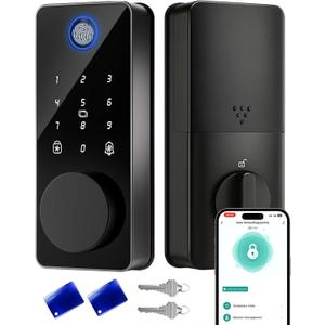 Smart Lock, Fingerprint Keyless Entry Door Lock App Control, Electronic Touchscreen Keypad, Auto Locking, IP54 Weatherproof, Easy Install Digital Deadbolt for Front Door (Glossy Black)