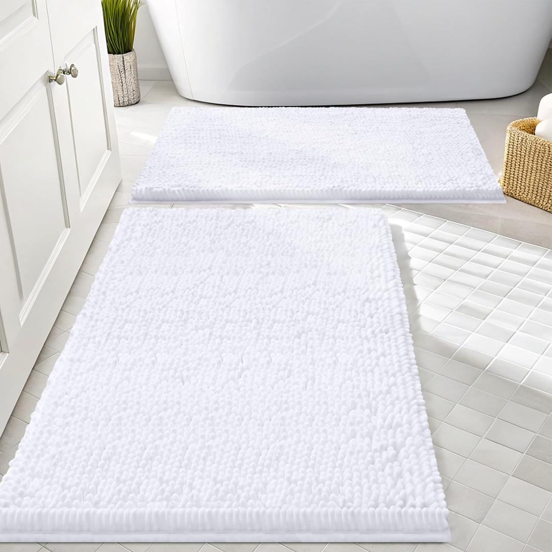 Smiry Bathroom Rugs and Mats Set, 2 Piece Chenille Bath Mat Set, Machine Wash Dry, Non Slip Absorbent Shaggy Bath Rug for Bath Room, Shower and Tub (30" x 20"+24" x 16", White)