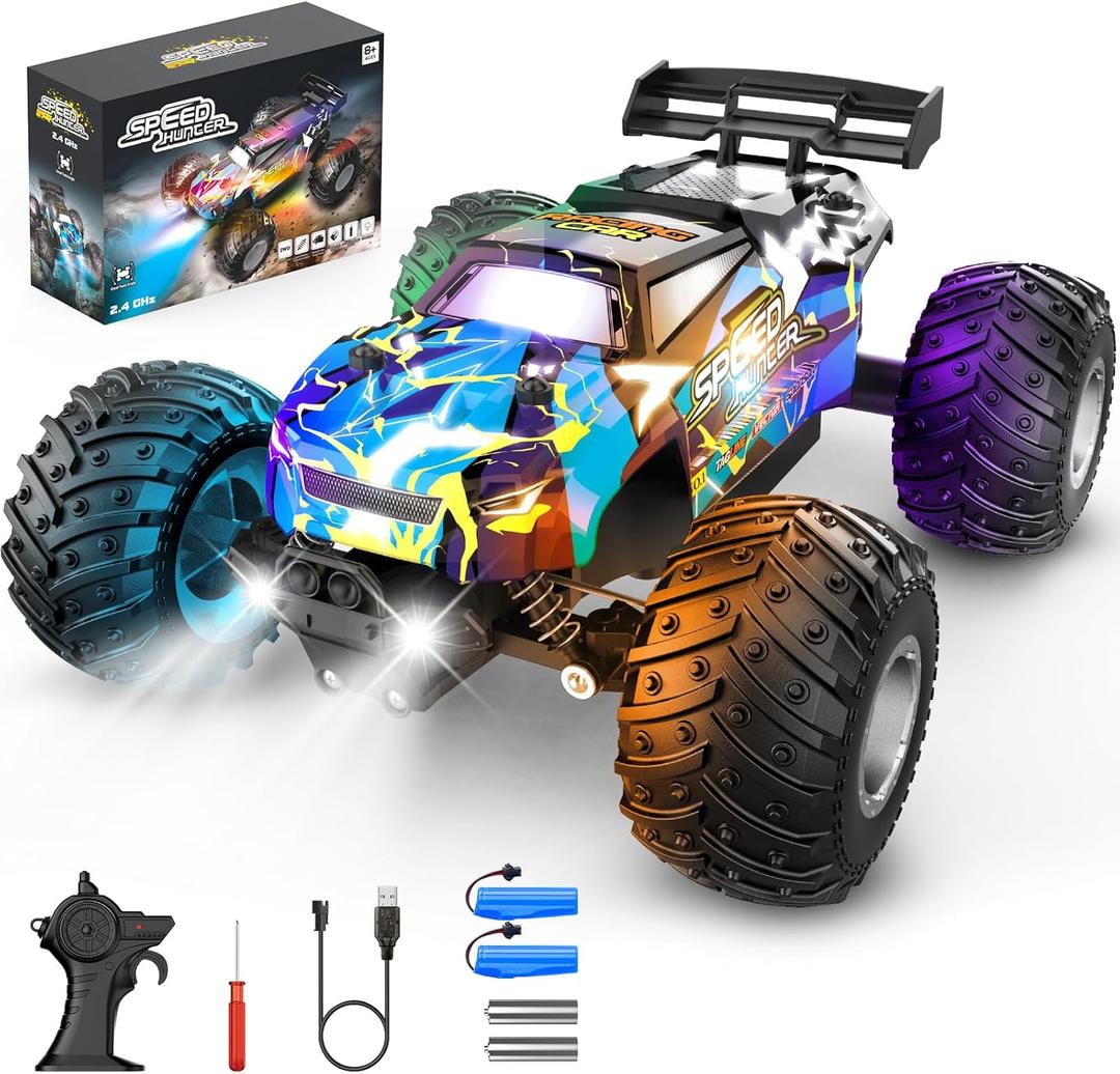 Remote Control Car, 2WD Off-Road Rc Truck, 20 KM/H All-Terrain RC Cars with Headlights & Body Lights, 2.4GHz, 2 Batteries, Remote Control Car for Boys 4-7 8-12, Gift Toys for Boys Girls