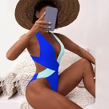ShawGobow Sexy One Piece Swimsuit,Plunge Backless Color Block Swimsuits for Women,High Cut Scrunch Butt Monokini Beach Pool, L