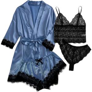 WDIRARA Women' Silk Satin Pajamas Set 4pcs Lingerie Floral Lace Cami Sleepwear with Robe (Large, Blue Black Bow)