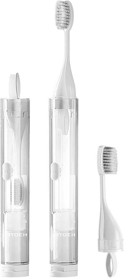 LRTOEH Travel Toothbrush with Built-in Toothpaste Container, Foldable Toothbrush with 2 Soft Brush Head, Portable Reusable Toothbrushes for Business Trips, Camping, Travel Size（White）