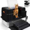 SZEE Stainless Steel Litter Box with Lid, Easy to Clean and NO Absorb Odor, Extra Large Litter Box with Open/Enclosed Modes, Includes Litter Scoop, Litter Mat & Trapping Box (Black)