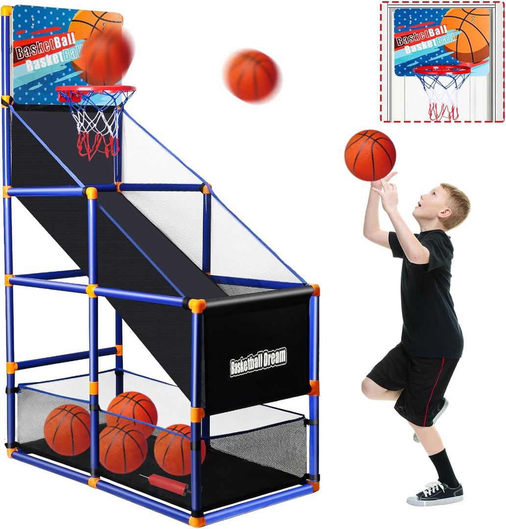 Arcade Basketball Game Set for Kids, Boy Toys Basketball Hoop with 4-5 Balls for 3-12 Years Old, Adjustable Height w/Pump & Storage Net for Kids Indoor Outdoor Sports Play, Christmas Birthday Gifts
