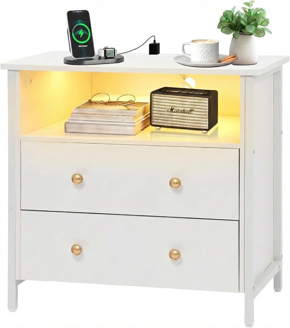 27 Inch Wide Night Stand, Large Wood Night Stand with 2 Drawers, LED Nightstand with Charging Station and Adjustable Drawer, Bedside Table for Living Room/Bedroom/Study/Office, White.
