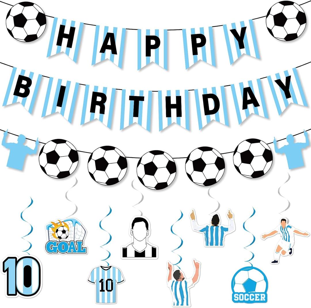 19 Pcs Soccer Party Decorations Blue White Happy Birthday String Flags Sport Theme Spiral Swirl Set Soccer Star Hanging Swirl Cards Sport Theme Backdrop Pennant for Team Celebration Birthday Supplies