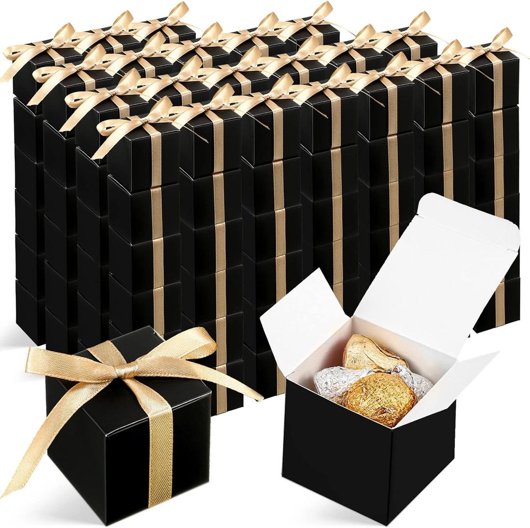 Jutom 100 Pcs Mini Favor Boxes Extra Small Candy Boxes Paper with Gold Ribbon for Christmas Thanksgiving Day Birthday Wedding Anniversary Supplies(2 x 2 x 2 Inch, Black)