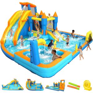 Inflatable Water Slide Park, 12-in-1 Water Bounce House with Big Splash Pool & Deep Pool, Basketball, Ring Toss, Target Game - 19X17.7FT Blow Up Water Slide for Big Kids 3-12 Outdoor Backyard, 228*212*96Inches