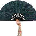 Large Folding Fan, 13 Inch Clack Rave Fan Hand Held Fan for Women Men with Premium Satin Fabric, Thick Bamboo Frame for EDM, Music Festival, Party, Dance, Decoration, Gift (Tech Glow)