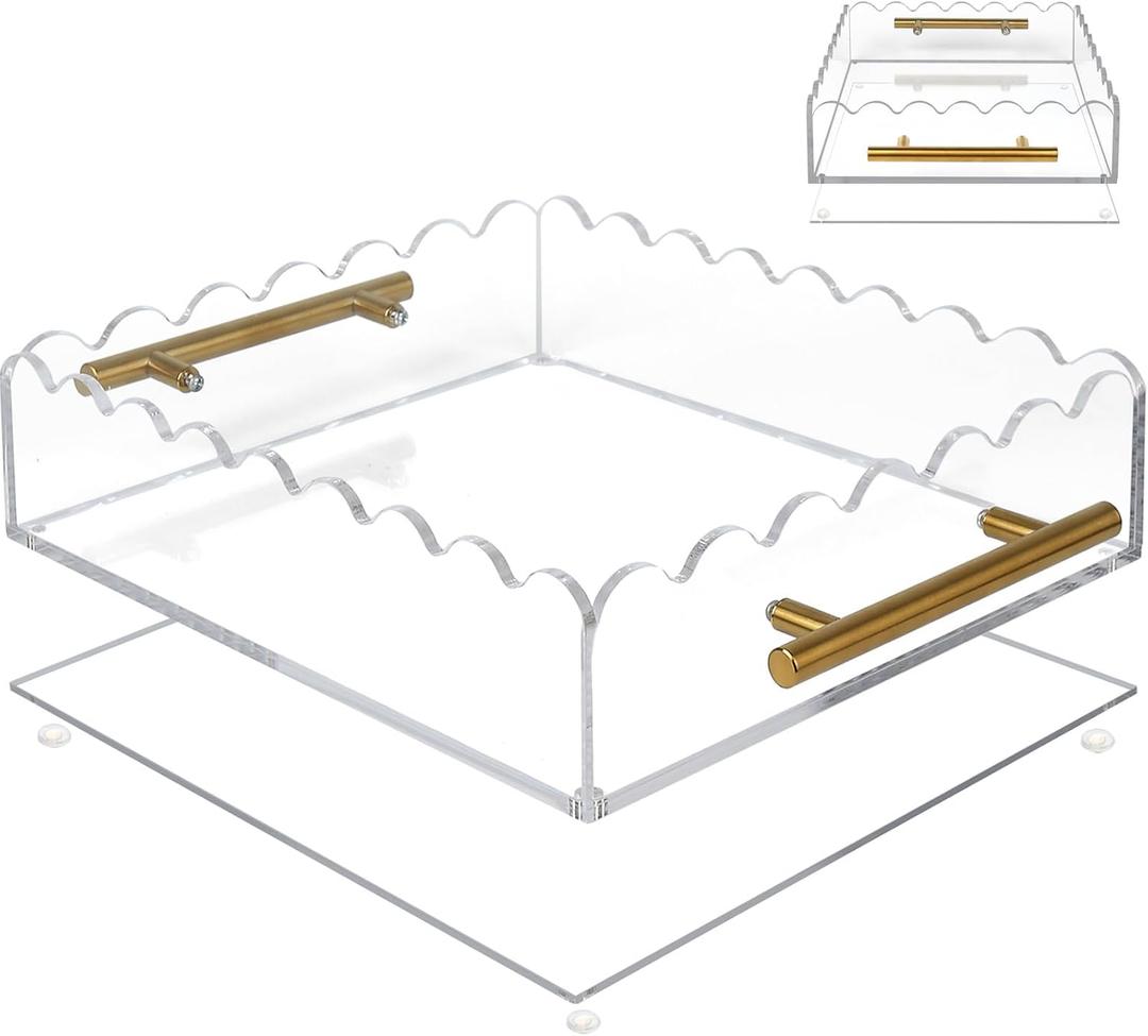 * Scalloped Acrylic Tray Magnetic Bottom,Scallop Acrylic Tray with Handles,Bottom Replaceable Photos,Art Paper,Messages,Square,Decor for Bedroom,Vanity,Office (12" x 10" x 2.8")