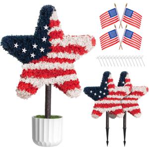 Chillchard 2 Pack Star Topiary Trees Artificial Outdoor with Pot & Sipke, 25.6 Inch Red White Blue Patriotic Topiary for Front Porch, Patriotic Decorations for 4th of July, Memorial Day