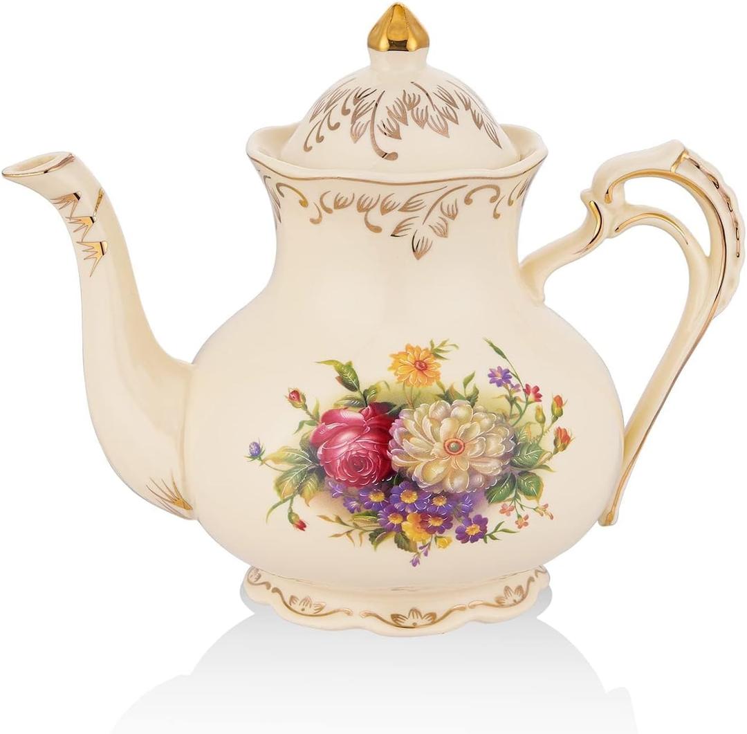Ceramic Tea Pot, 35 OZ/4 Cup Ivory Vintage Floral Porcelain Teapot with Gold Trim, European Style, Gift for Women, Decorative Ideas (Colorful Floral)
