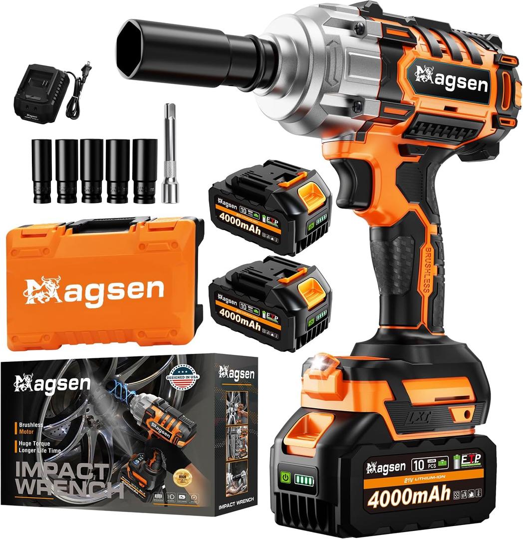 1/2" Cordless Impact Wrench, 900Ft-lbs (1200N.m) Brushless High Torque Impact Gun,3800RPM,3 Variable Speeds,LED Light,2x4000mAh Battery, 5 Sockets,Electric Impact Gun for Car/Mower/Pickup