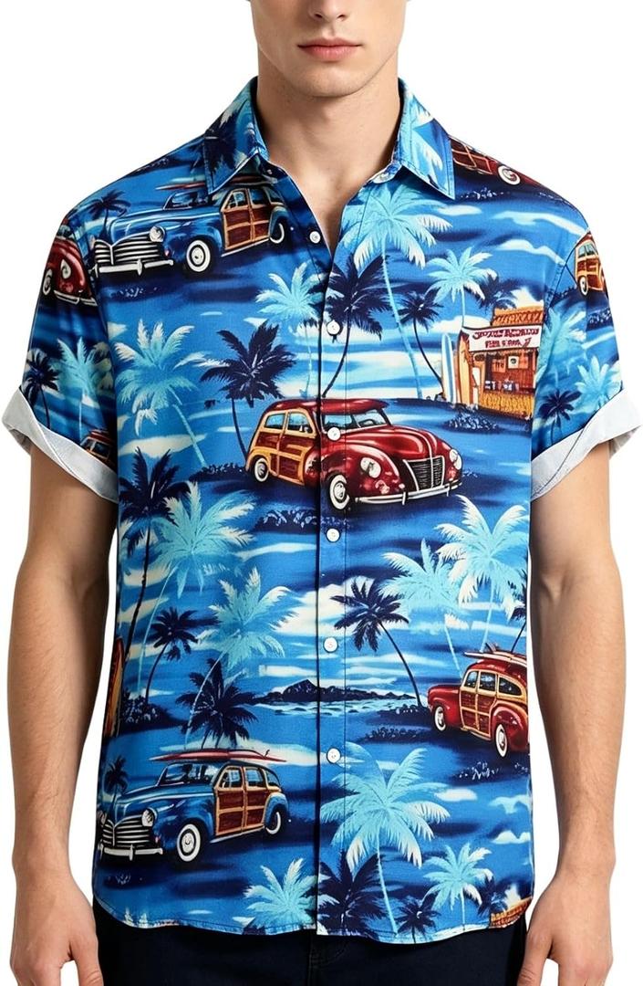 Hawaiian Shirt for Men, Short Sleeve Button Down Shirts Summer Beach Vacation Tropical Guitar Pattern Casual Tops (M)