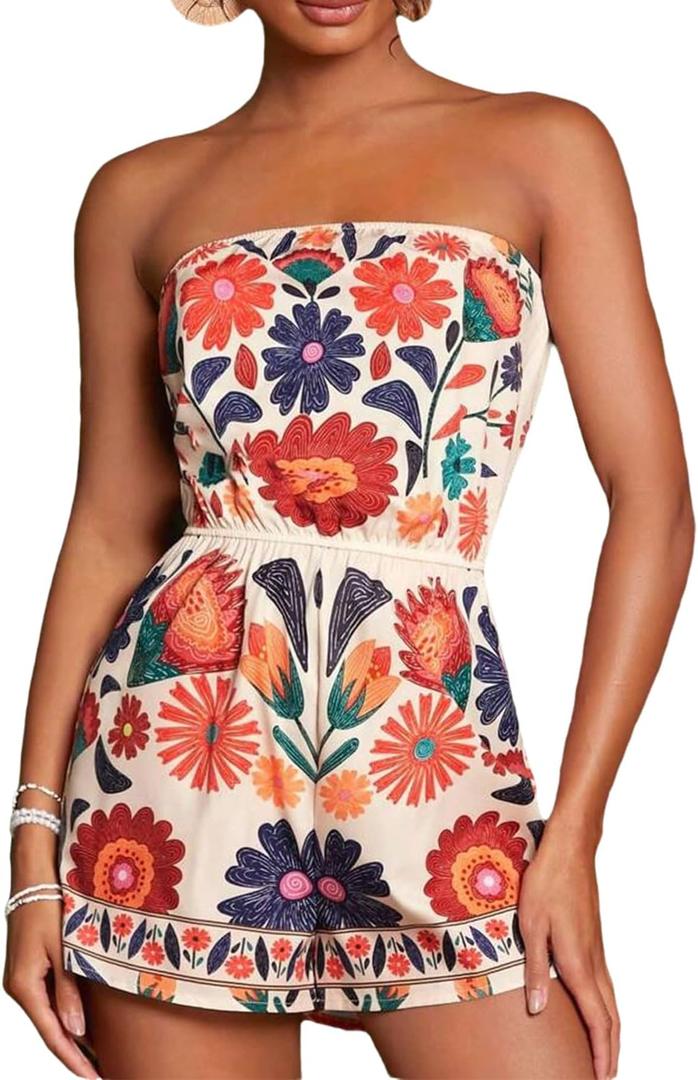 NIFTRIRY Strapless Floral Print Romper for Women Summer Vacation Outfi One Piece Jumpsuits Shorts, Large