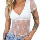 CSDAJIO Women's Deep V Neck Lace Top Short Sleeve Sexy See Through Top Tie Back Fitted T Shirt White Large