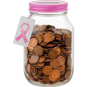 Kitchentoolz Pink Lid Coin Jar for Donations – Large Mason Style Glass Tip Jar Holds Over $350 in Coins – Breast Cancer Fundraiser Bank – Made in USA