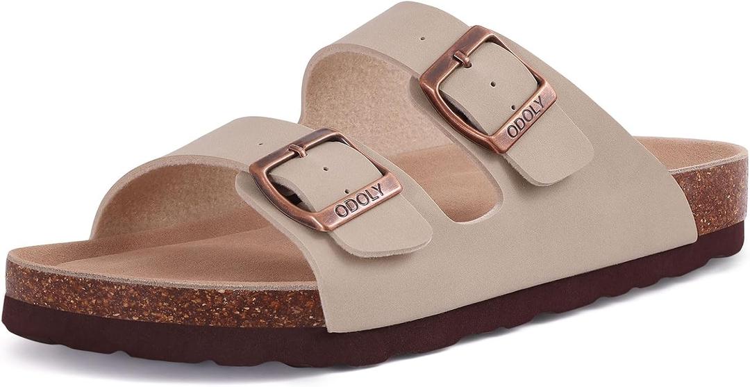 Unisex Cork Footbed Slide Sandal, Arch Support Summer Outdoor Sandals with Adjustable Buckle for Women and Men (8-8.5 Women/6.5-7 Men, Stone)