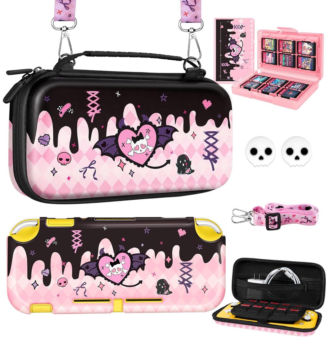 6in1 Kits Accessories Bundle for Nintendo Switch Lite 2019 - Cute Carrying Case, Protective Cover, Joy Con Grips, Thumb Grips, 24 Game Holder, Shoulder Strap Teens Boys Girls, Skull