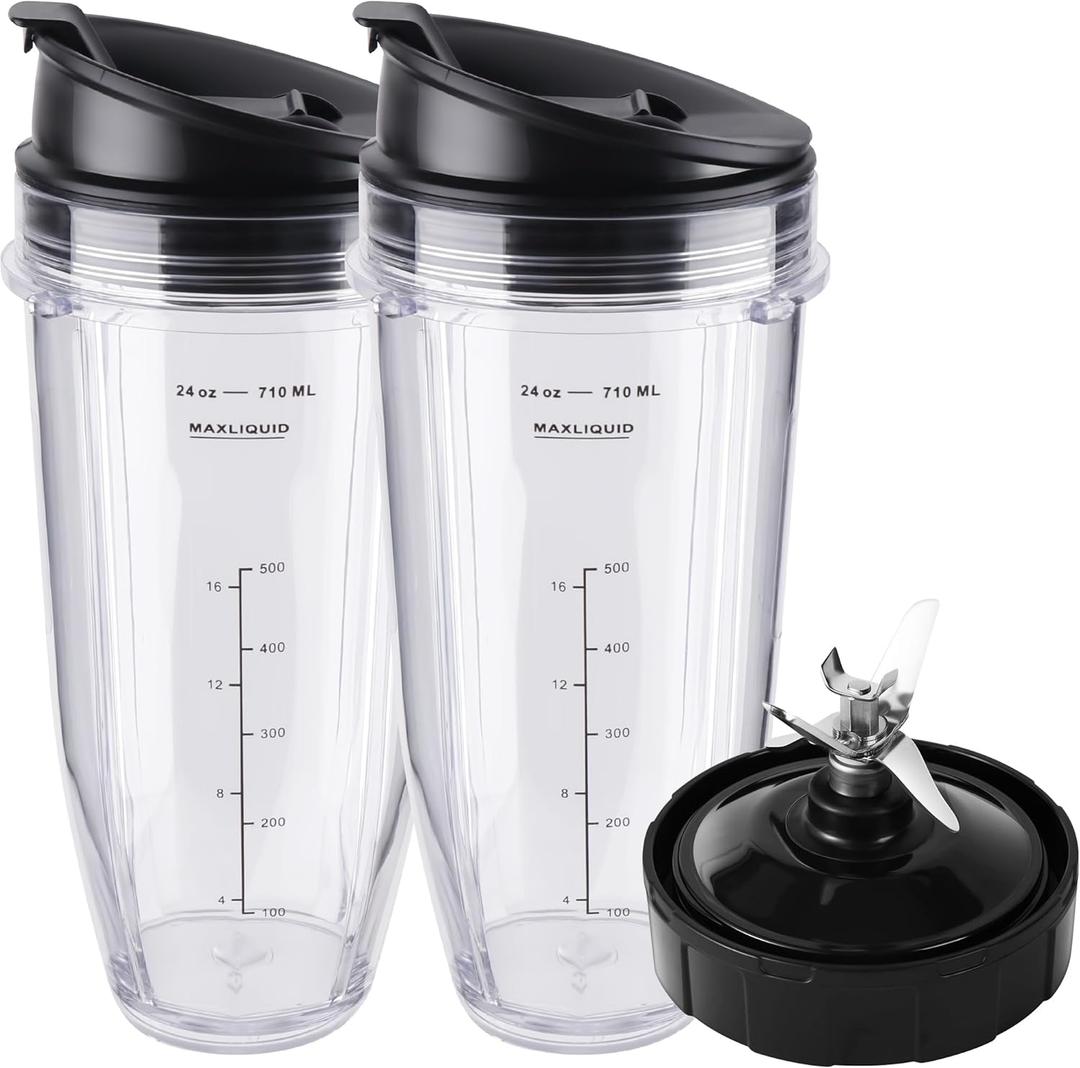 Ninja Blender Cups Replacement Parts 5-Piece Set: 2 x 24oz Cups with Lids & 7-Fins Blade, Fits Nutri Ninja BN401 BN751 BN801 BL450 BL480 BL640 NN100