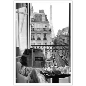 Trendy Woman Reading Newspaper Wall Art Vintage Black and White Paris Eiffel Tower Poster Modern Feminist Aesthetic Cityscape Canvas Print For Girls Room Apartment Office Decor 12x16inch Unframed