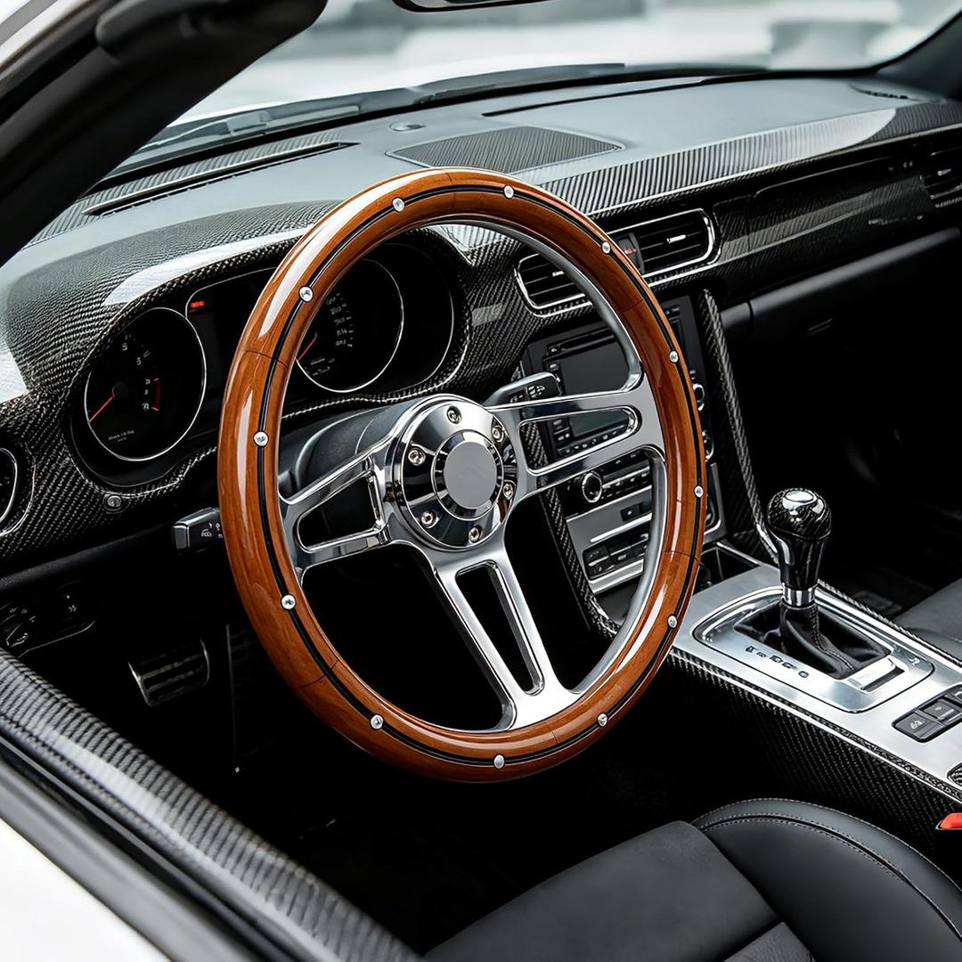 14inch Solid Wood Steering Wheel Chrome-Plated Aluminum Alloy Spoke
