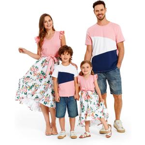 PATPAT Family Matching Outfits Mommy and Me Outfits Floral Dress & Tee Sets | Couples Matching Outfits, Women Girl Flutter Sleeve Dress, Men Boy Cotton Blend T-shirts, Beach Vacation, Family Photoshoot (Pink, XL)